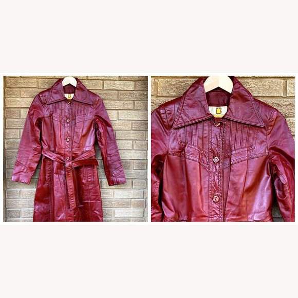 Vintage 70’s Long Leather Trench Coat Penny Lane Oxblood Belted Maxi Boho Jacket - Picture 4 of 17